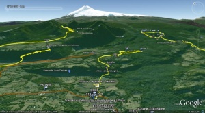 Immagine di territorio 3D con percorsi tracciati con GPS e riferimenti