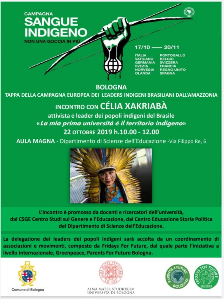 Poster evento Incontro con Célia Xakriabà, La mia prima università è il territorio del Brasile, Bologna 22 ottobre 2019. Una mano regge un arco con le frecce e c'è una foto di una giovane donna con costume tradizionale. 