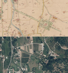 Italian Ladscapes in the Anthropocene: Mappa catastale 1863 e SAtellite 2013 (cortesia Archivio di Stato di Lucca e Regione Toscana)